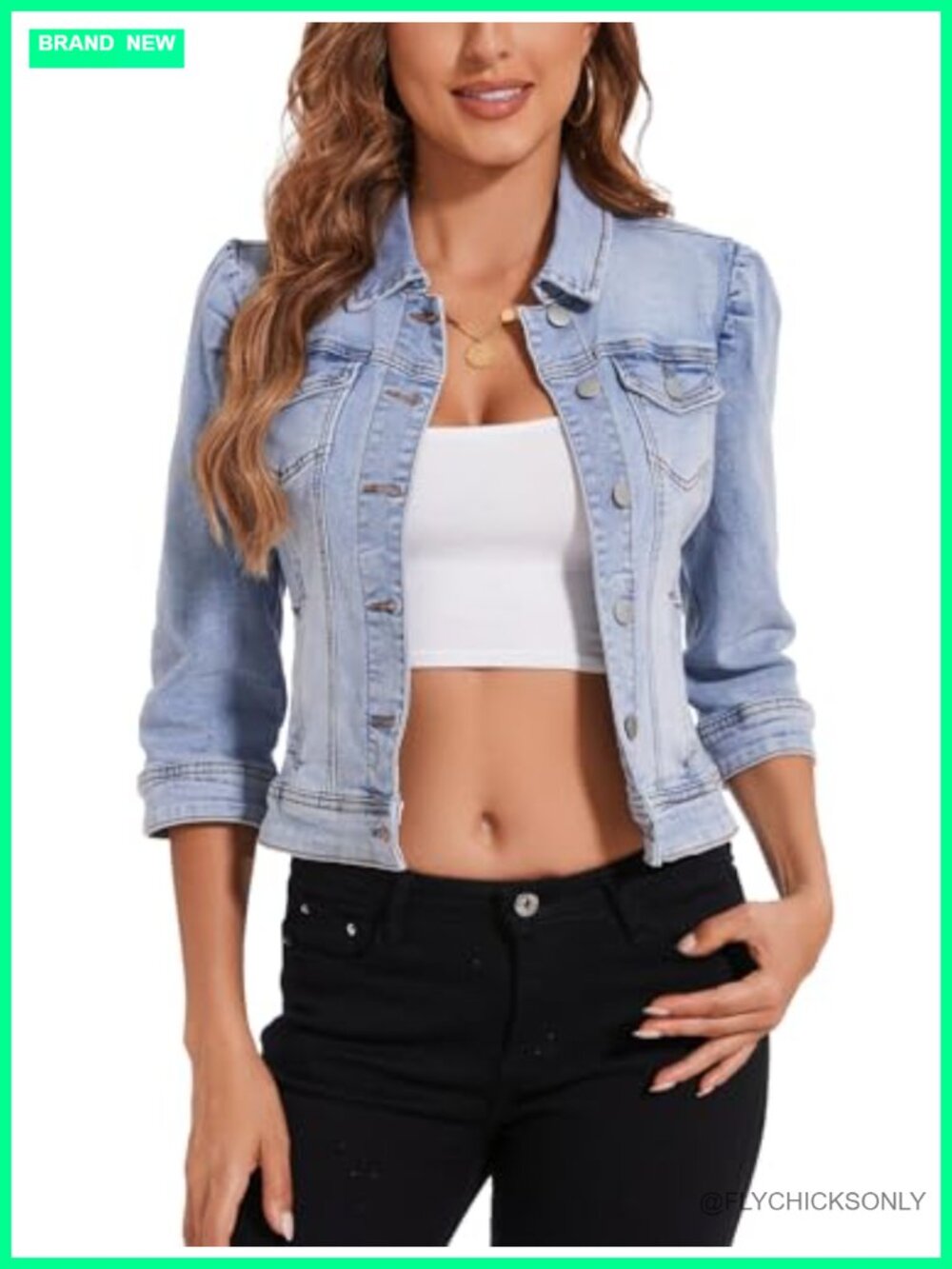 Women's Cropped Stretch Denim Jacket 3/4 Puff Sleeve Distressed